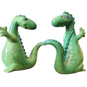 2 Vintage Cheerful Dinosaur Green Salt and Pepper Shakers. Made in Japan.